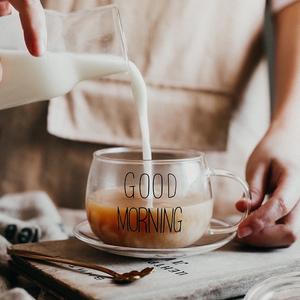 แก้วนม ทนความร้อน พร้อมที่จับ สำหรับใส่อาหารเช้า clear  glass