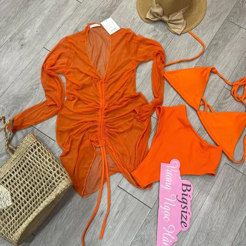60-90kg BIKINI 3 MÓN ÁO + QUẦN + áo khoác lưới đi biển sexy che khuyết điểm Bigsize Vương Ngọc Hân 2