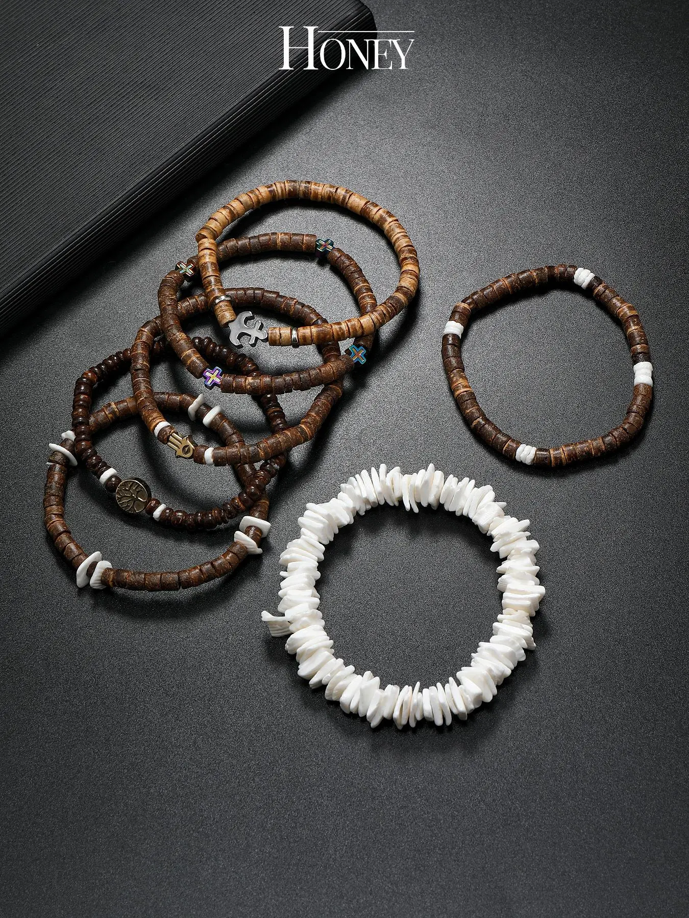 7pcs Boho Style Beaded Design Link Bracelet, Vintage Coconut Shell Decor Jewelry for Women & Men, Trendy All-match & Exquisite Jewelry for Birthday Gift