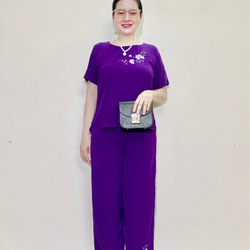 Đồ Bộ Trung Niên, Bộ Tay Cộc Áo thêu Hoa Mai Quần Dài thêu hoa Nữ Women 1