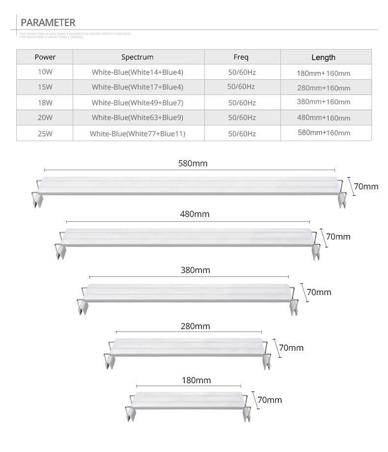 Product Introduction of Aquarium LED Light Super Slim Fish Tank Aquatic Plant Grow Lighting Waterproof Bright Clip Lamp Blue LED 18-72cm for Plants 220V 5
