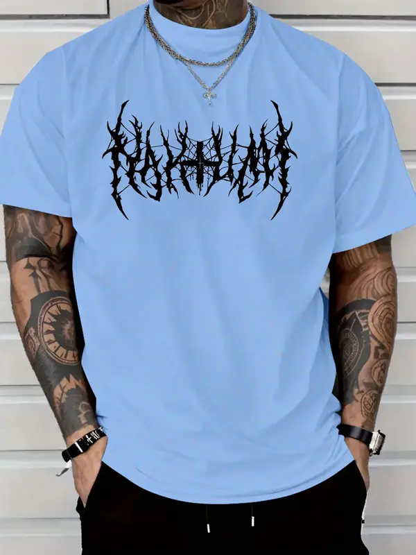 Men's Gothic Style Cross & Thorns Print Round Neck Tee, Regular Fit Street Fashion Casual Comfy Short Sleeve Crew Neck T-shirt for Summer, Fashion Men's Top for Daily Wear 2