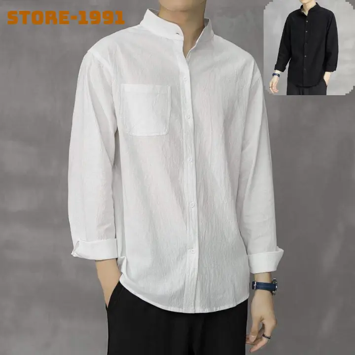 Áo sơ mi nam nữ cổ tàu chất đũi cao cấp Menswear Đen sơ  mi giặt bằng nước lạnh thường ❣♥áo sơ mi dài tay màu trắng♥ hàn quốc