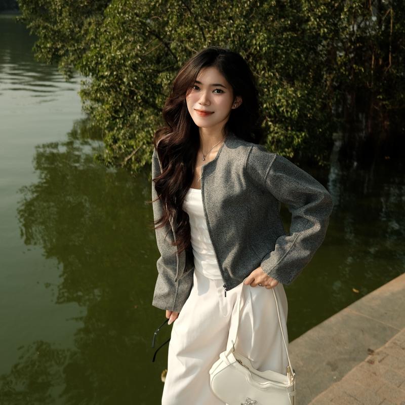 Áo Khoác Dạ Nữ Phối Viền Tay Dáng Ngắn Croptop Mùa Thu Đông 2024 Kimee MA463