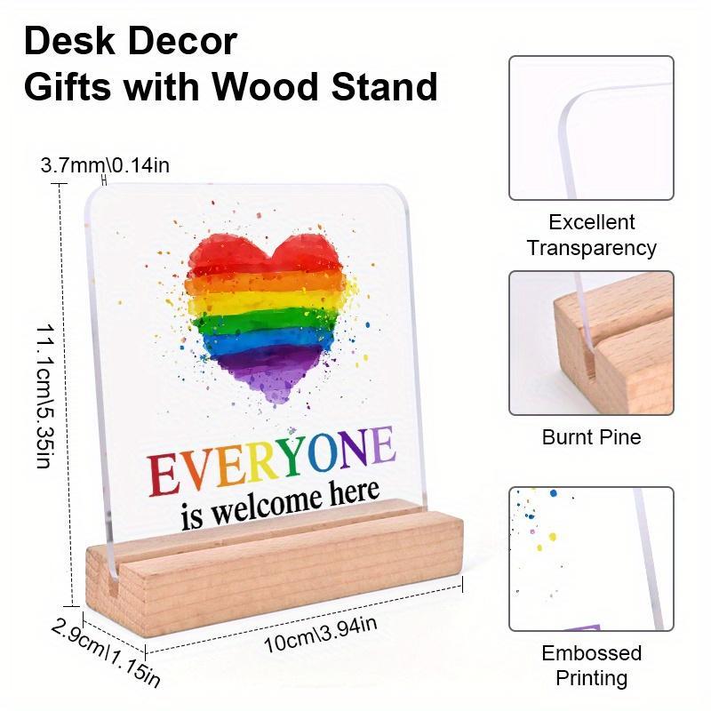 Product Introduction of Rainbow Love Everyone Is Welcome Here Acrylic Desktop Decor with Wooden Stand, 1 Count Home Desktop Decor, Art Craft Ornament Gift for Friends Lovers Family 1