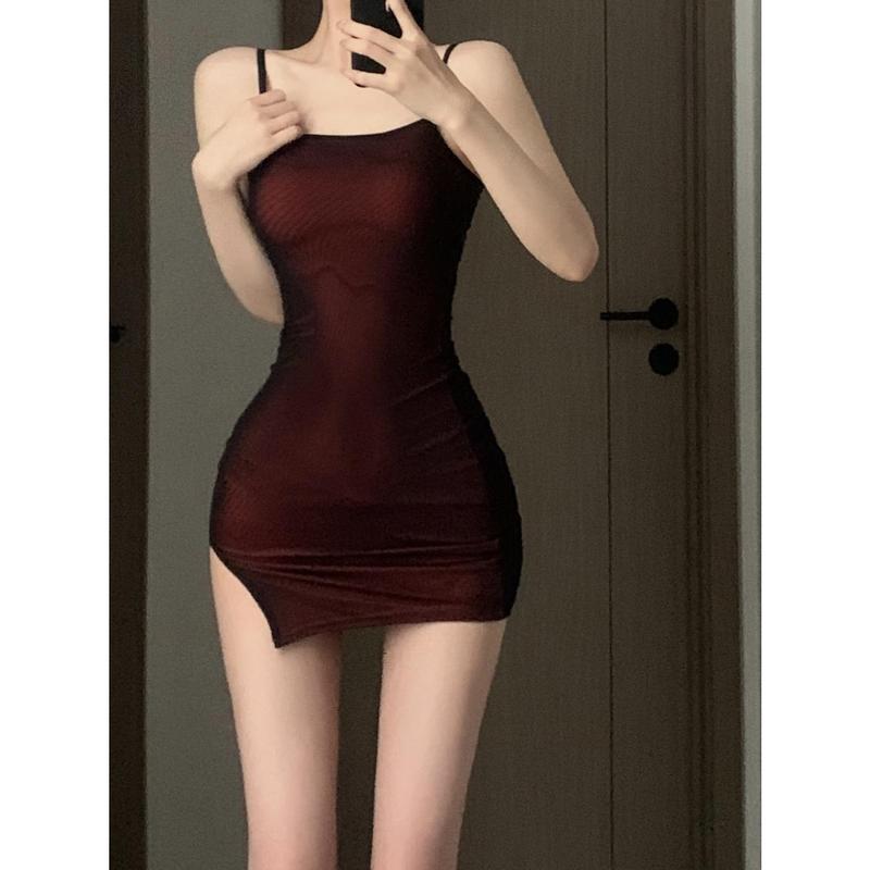 Váy Hai Dây Spaghetti Lưới Bó Sát Eo, Hàng Mới Về Mùa Hè, Váy bodycon Co Giãn Cho Nữ, Váy Dễ Phối Đồ Châu Âu Và Mỹ Dress Đỏ 3