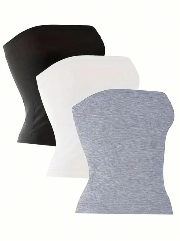 3-piece a Set Women's Summer Solid Color Knitted Strapless High Elastic Cylinder Tube Top Tank Camisole Top Casual Cute Clothes 3