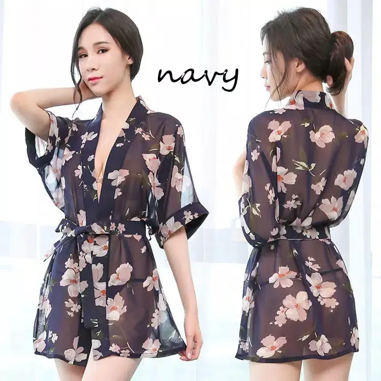 ARENAR SKA141 Lingerie Kimono Navy Bunga - Kimono Jepang - Baju Tidur Tipis Transparan wanita - Lingerie Murah Piyama