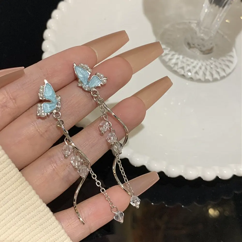 Light blue butterfly fringe earrings for women light luxury high sense earrings temperament long elegant earrings