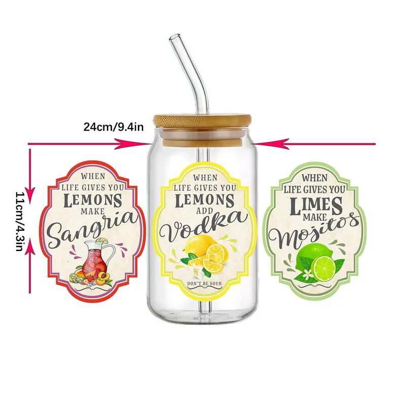 Cartoon Lemon Theme Cup Stickers, 4 Counts/set Waterproof Self-adhesive Cup Wraps Decals, DIY Decorative Stickers For Home Cup Water Bottle 2