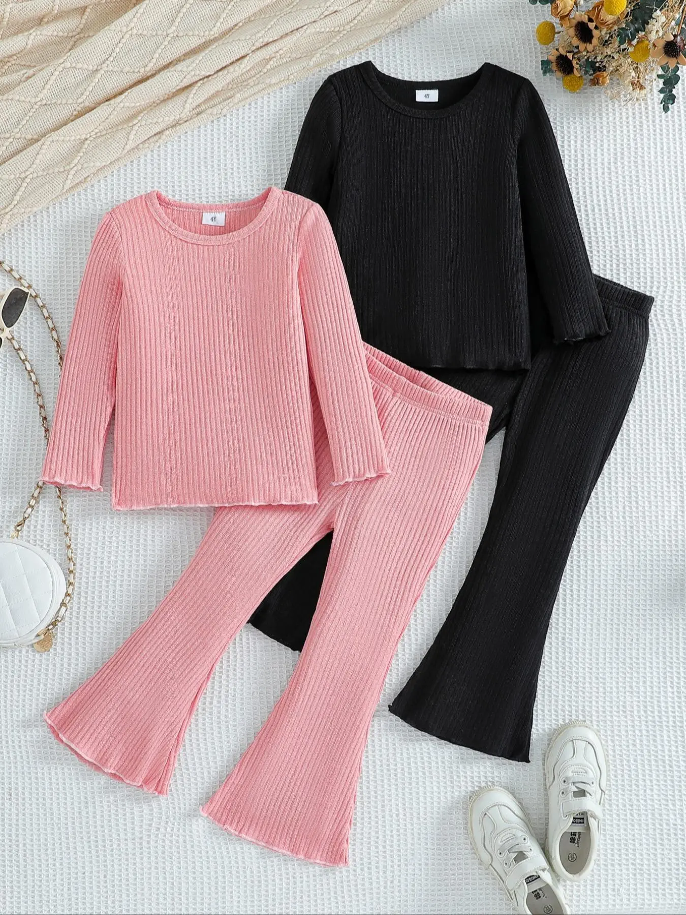 Girl's Solid Ribbed Top & Flare Leg Pants Set, Casual Long Sleeve Round Neck Top & Trousers for Daily Wear, Kids Fall & Winter Clothes