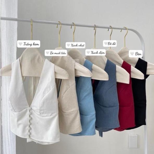 Áo kiểu nữ croptop chất linen dày cổ yếm nút bọc [Một Mẩu House]