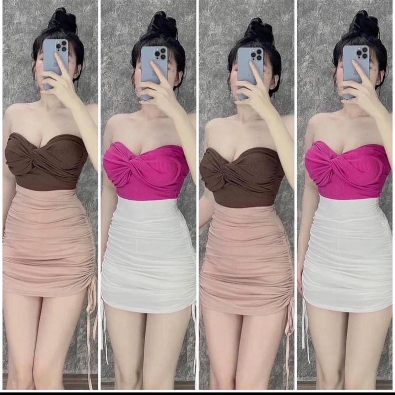 Sét bộ nữ áo ống xoắn nơ kèm chân váy rút dây có quần bảo hộ cá tính đi chơi đu biển mã hp78