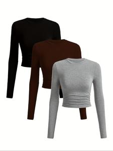 Camiseta ajustada de manga larga con fruncido para mujer, camiseta de cuello redondo cómoda y casual para primavera y otoño, ropa de mujer, blusas para mujer