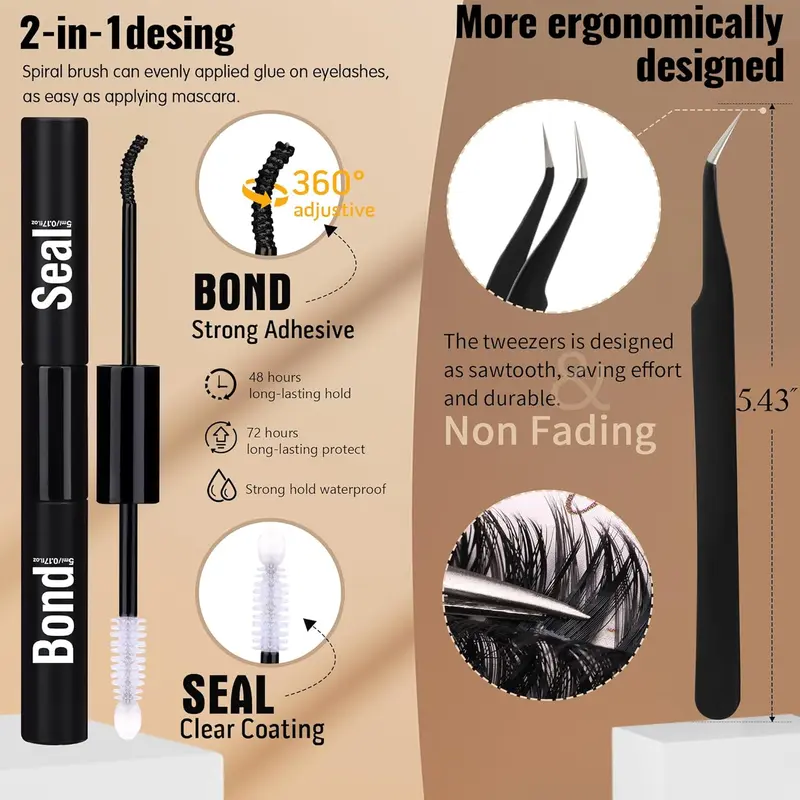 Black Eyelash Extensions Kit, 1 Set Including 294pcs D Curl Eyelashes, 1 Eyelash Glue & 1 Tweezers, Professional Eye Makeup Accessories for Women, Cosmetic, DIY Cluster Lash 5