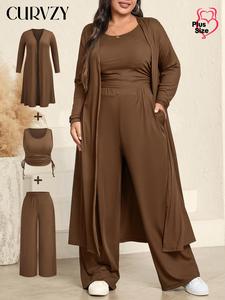 CURVZY Plus Size Three-Piece Set Solid Color Drawstring Ruched Vest & Elastic Waist Pants & Open Front Long Sleeve Outerwear, Casual Fashion Cozy Outfits for Daily Outdoor Wear, Women's Clothing for Spring & Fall, Valentine's Day Outfit