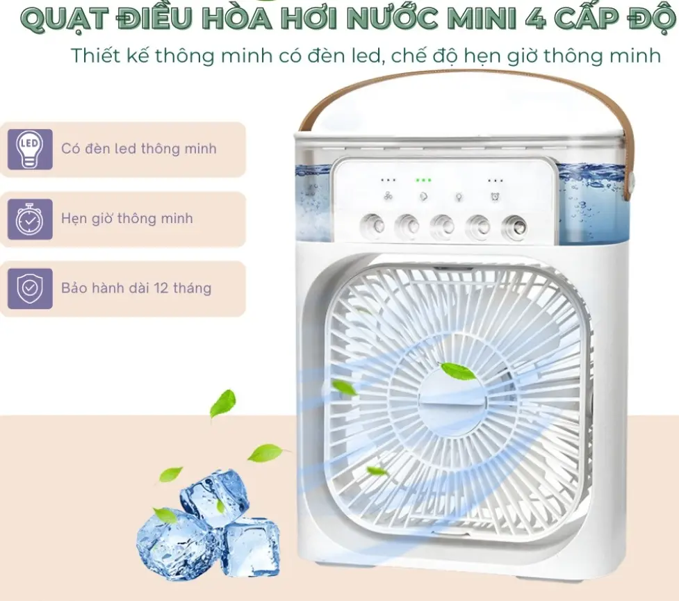 Quạt Điều Hòa Phun Sương Mini, Để Bàn 3 Cấp Độ Gió Dung Tích 600ml Chế Độ Hẹn Giờ