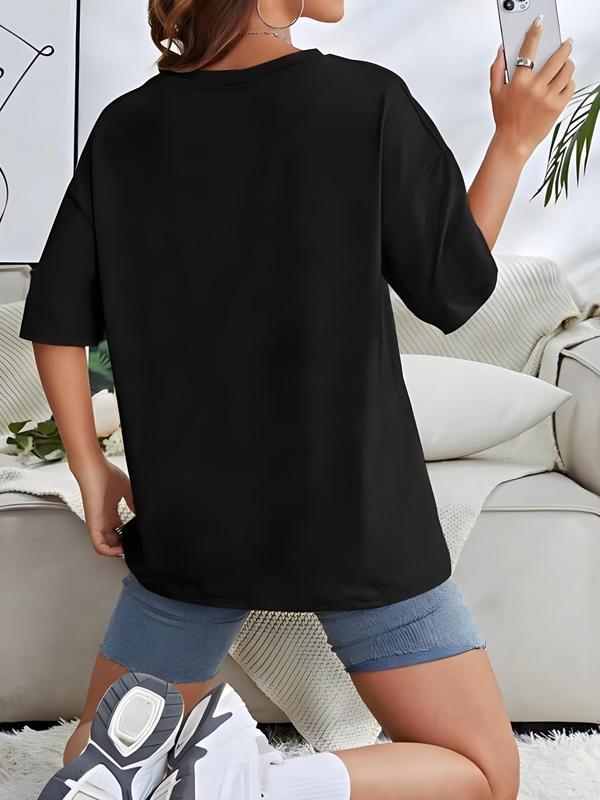 Women's Letter & Figure Print Drop Shoulder T-Shirt, Summer Clothes Women, Casual Trendy Round Neck Half Sleeve Tee, Lady Summer Clothes, Ladies Clothes Tops 1