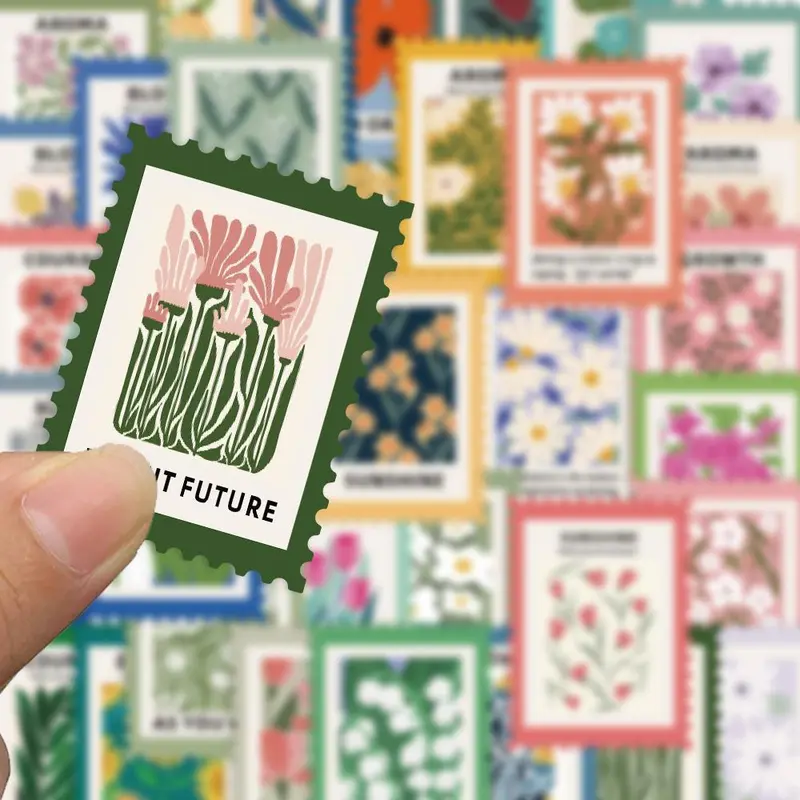Flower Pattern Postage Stamp Sticker, 200pcs/set Self Adhesive Decorative Sticker, DIY Craft Decals for Phone Case, Scrapbooking, Journal Making 5