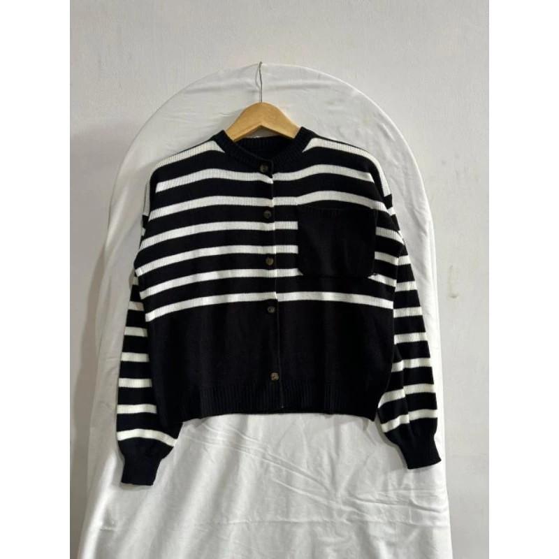 Product Introduction of Cardigan Rajut Wanita Flora Full Kancing Motif Salur Setrip Blaster Baju Atasan Garis Kerah Nyaman Knitwear Panjang 4