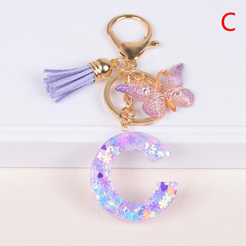 Product Introduction of A-Z Dreamy Sequin Letters Keychain For Women Tassel Butterfly Pendant Keyring  Bags  Car Key Chain 40