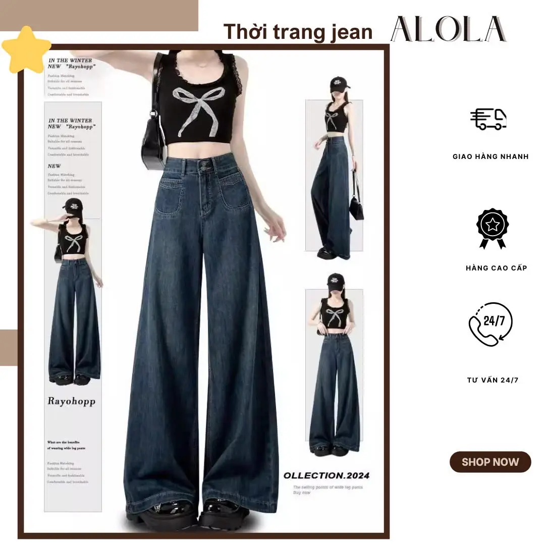Quần jean nữ vải mềm dáng suông cạp cao phong cách thanh lịch  Women Pants