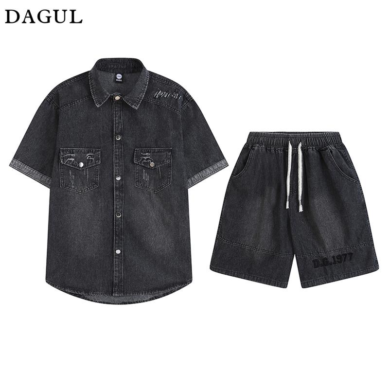 Set Denim DAGUL was rách nhẹ nhàng cúc bấm chậu bản to cao cấp quần thêu chữ nổi phong cách đơn giản cách điệu chất denim mền mại không thô Menswear