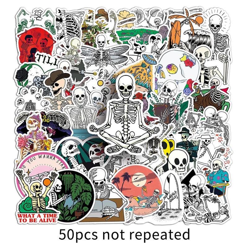 Creative Skull Pattern Sticker, 50pcs Waterproof Self Adhesive Decor Paper, Decor Sticker For Gift Greeting Card Waterbottle Laptop Phone 5