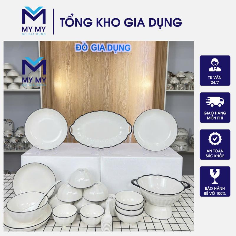  Bộ Bát Đĩa Xoắn Trắng Viền Đen 19 Món Tặng 1 Môi Sứ Và 10 Thìa Sứ trắng 