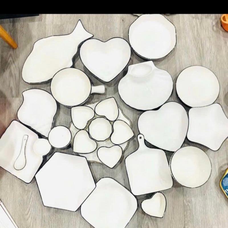 Bộ Bát Đĩa Sứ Cao Cấp Trắng Viền Đen Men Sáng Mịn
