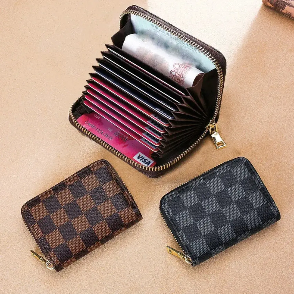 PU Leather Card Holder Wallet 11-Slot Checkered Pattern Unisex Coin Purse for Men & Women Compact Zipper Purse