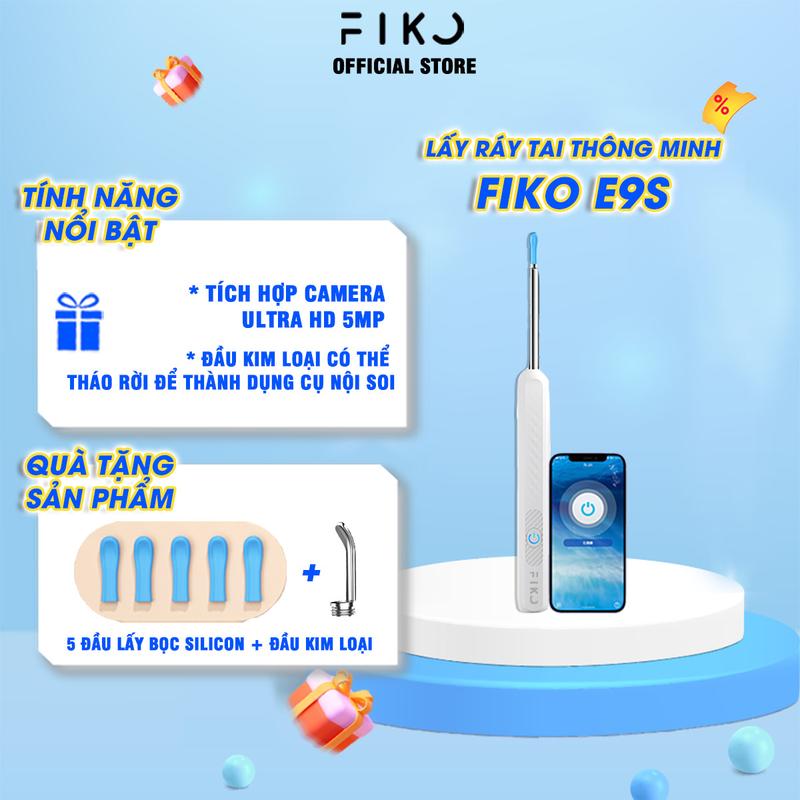 Dụng cụ lấy ráy tai có camera đầu kim loại bọc silicon FIKO E9S - Tặng 1 đầu kim loại 5 đầu bọc silicon - Bảo hành 6 tháng