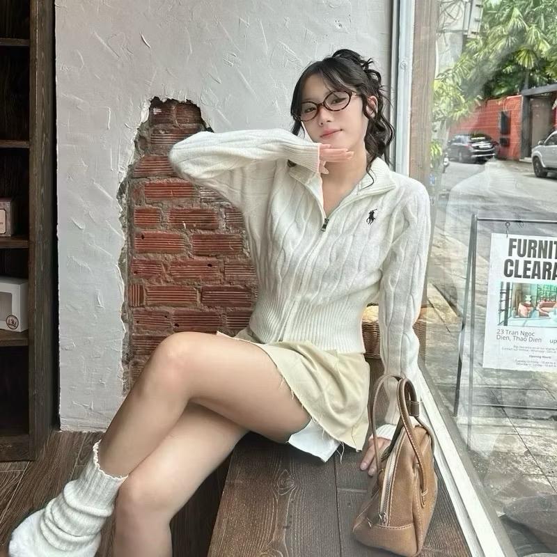 Áo khoác len Croptop tay dài thêu ngựa vặn thừng hàng quảng châu Women Nữ