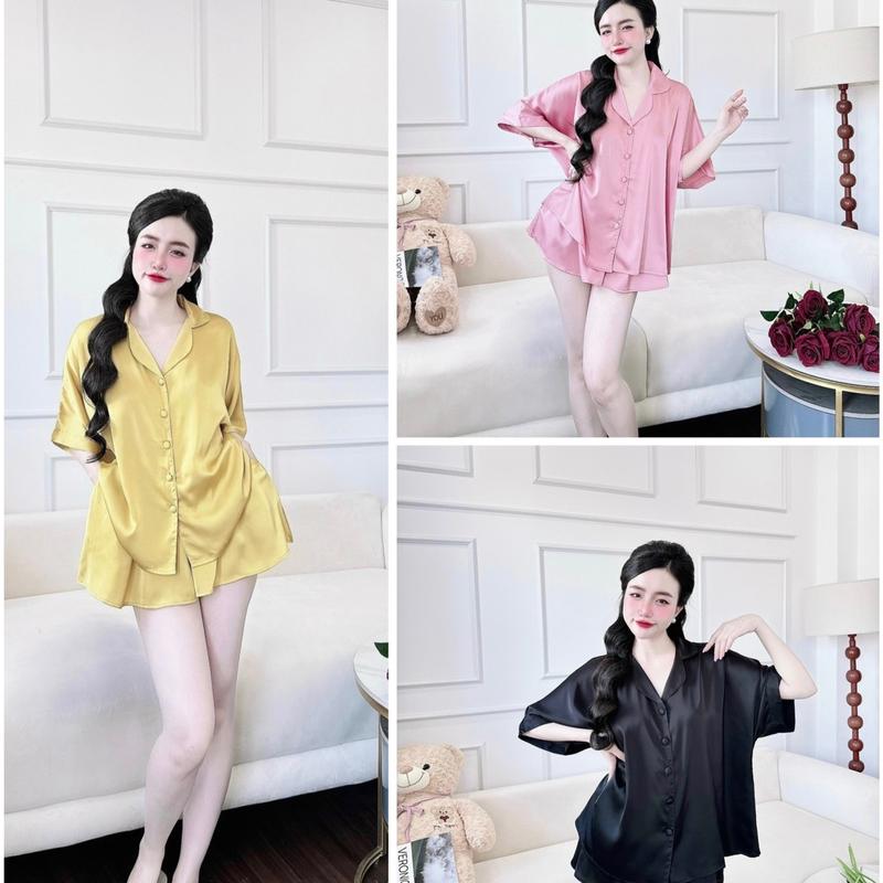 Bigsize (50-80kg) Bộ Quần Áo Pijama lụa, Quần Đùi Ống Rộng, Áo Cánh Dơi Nút Bọc Nữ