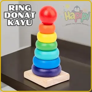 MAINAN BALITA RING DONAT KAYU MONTESORI BALOK SUSUN RAINBOW TOWER MAINAN EDUKASI ANAK
