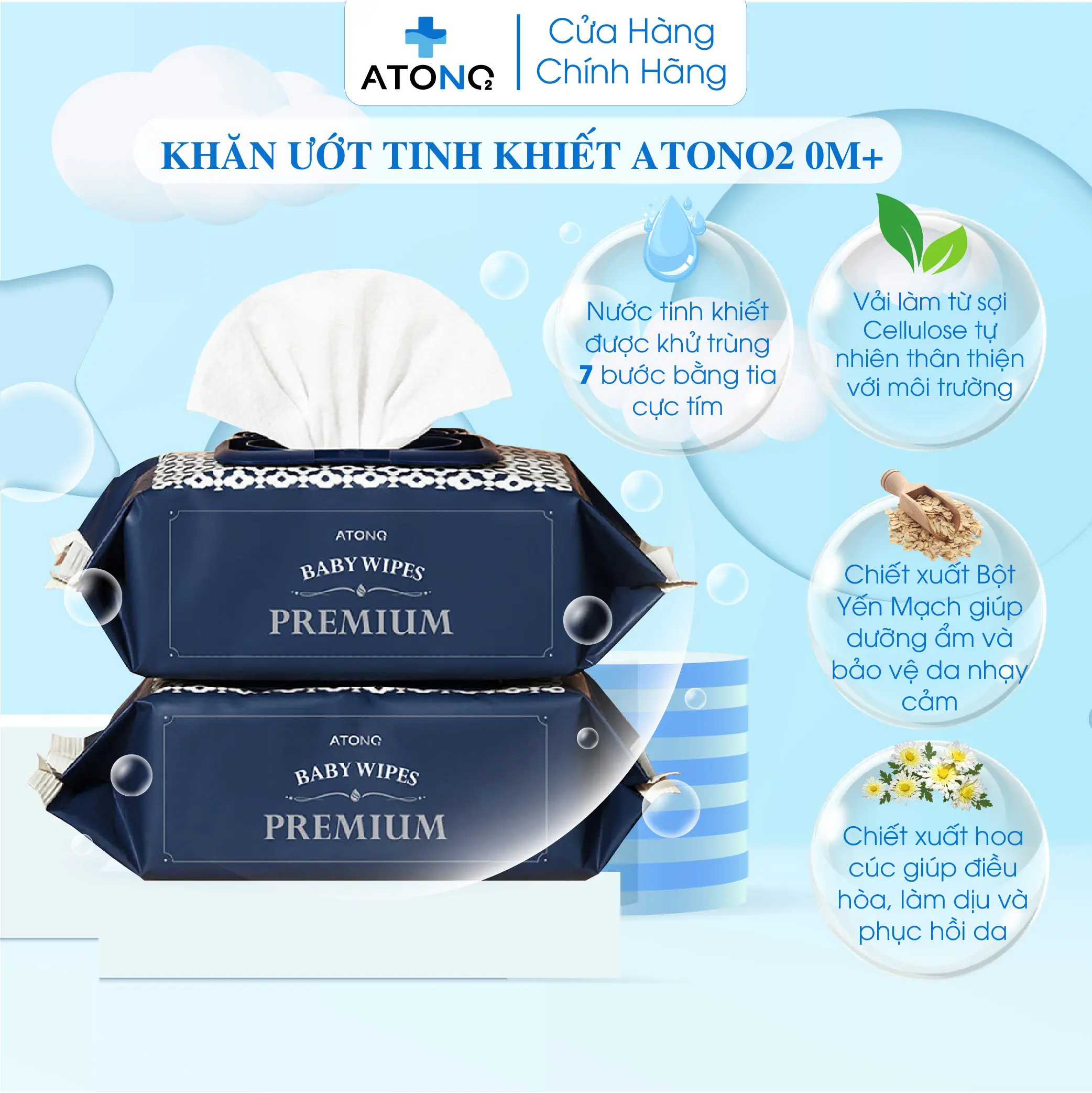 Khăn ướt tinh khiết dành cho trẻ sơ sinh ATONO2, an toàn, mềm mại, không chứa hóa chất độc hại, không chất bảo quản