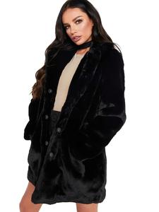 Women's Solid Button Front Pocket Faux Fur Coat, Casual Long Sleeve Fuzzy Outerwear for Winter, Ladies Clothes for Daily Wear