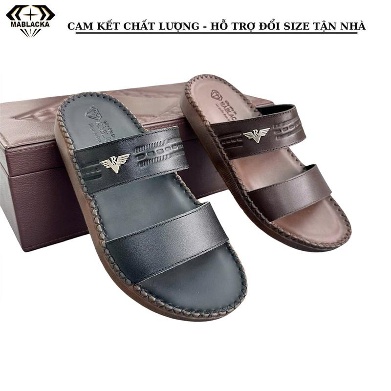Dép da nam quai ngang đẹp, da bò thật, đế cao su đúc nguyên khối - D868.1