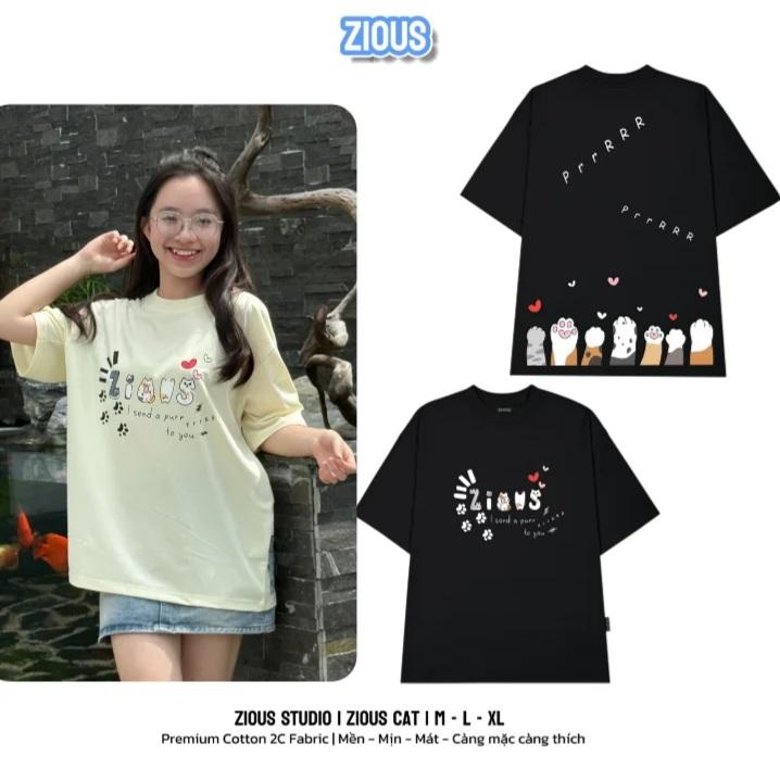 Áo Thun In Lụa ZIOUS CAT FOOTPRINTS Tee Unisex Cotton Cổ Tròn Form Rộng Dáng Suông Top Nam Nữ 0
