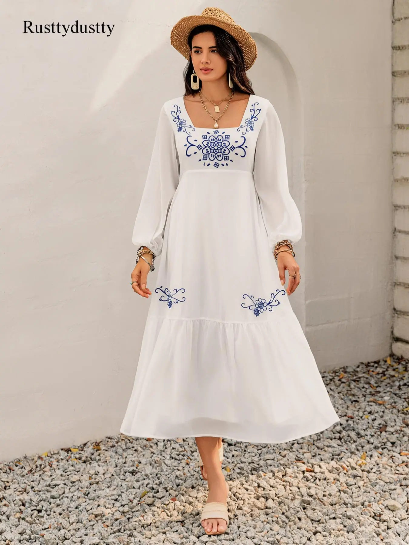 Women's Floral Embroidery Bishop Sleeve Ruffle Hem A Line Dress, Boho Fashion Long Sleeve Square Neck Midi Dress for Holiday Vacation, Ladies Dress