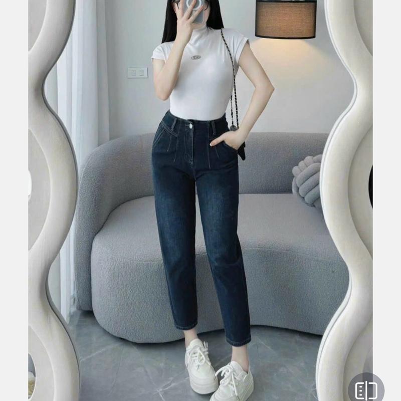 Quần Jeans Baggy Trơn Nữ Nấm Lùn 86cm Co Giãn Tốt Cạp Cao Túi Chéo Xếp Ly Màu Xanh Đậm Giúp Che Khuyết Điểm Chân (513.1) Pants Women