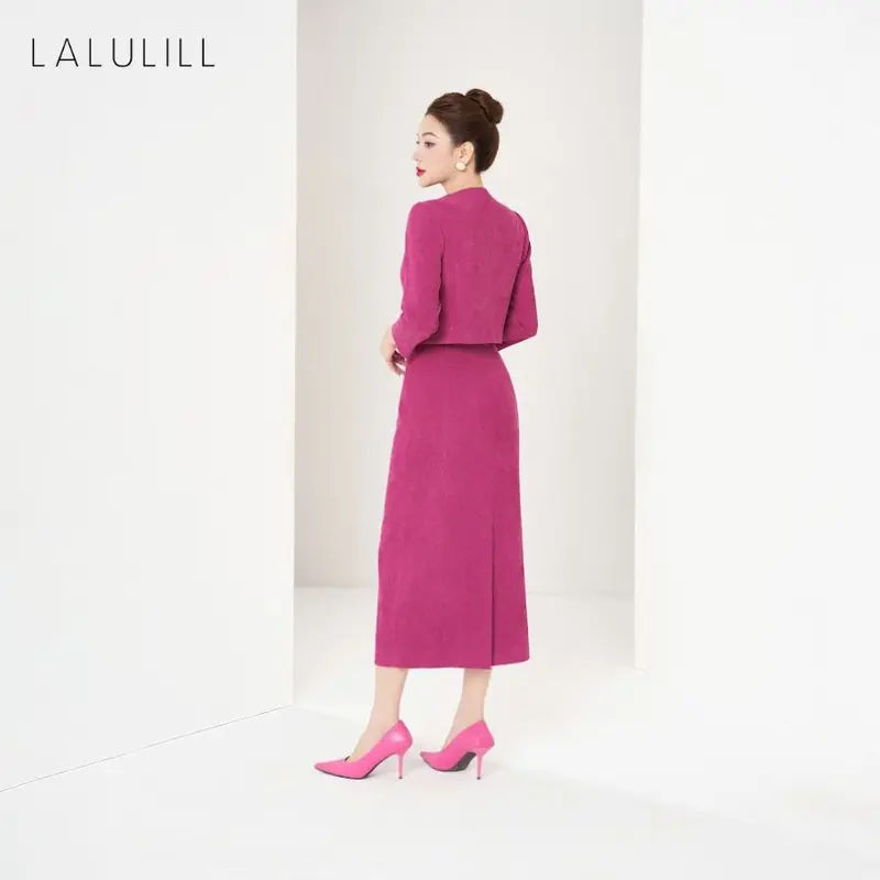 LALULILL Set nữ Áo vest dáng crop cổ nơ & Chân váy dáng suông dài nhung tăm hồng sen- LAK2438703 & LCV2442403 8