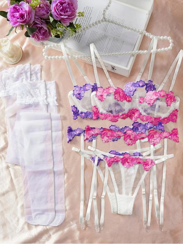 Women's Floral Lace Bra & Thong & Garter Belt & Stockings & Gloves Set, Sexy Comfy Breathable Lingerie Set for Women, Women's Underwear for All Seasons 4