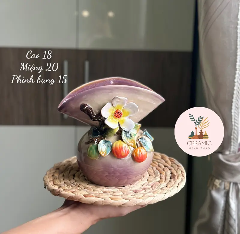 Bình đắp hoa nổi thủ công - gốm Bát Tràng Decor bình chuông  cắm hoa lọ hoa 7