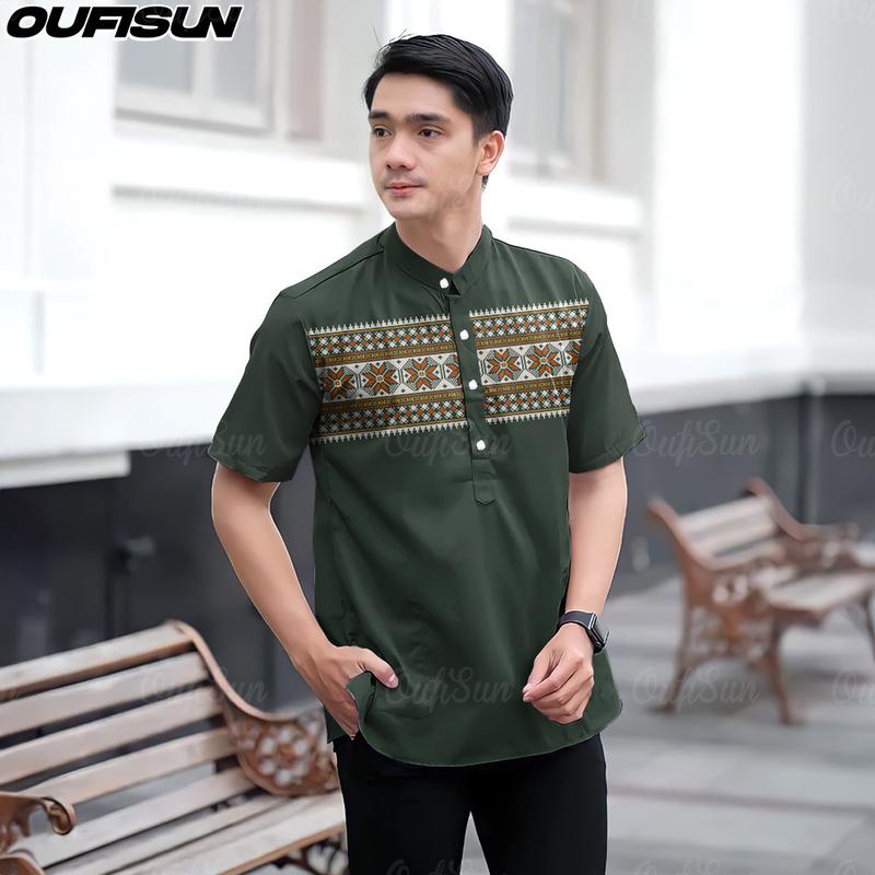 Product Introduction of Baju Raya 2025 Malaysia Ramadan Modern 3D Sublimation Print Stand Collar Short Sleeve Men's Shirt Casual Batik Koko Kurta Formal Shirt, MEN'S KOKO SHIRT 6