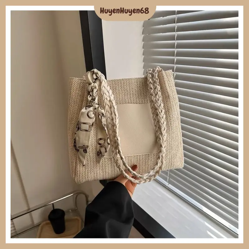 Túi cói Tote nữ thiết kế nơ buộc, dây quai bện siêu xinh phong cách Hàn Quốc, Túi xách đi biển hợp thời trang H263