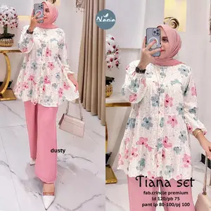PAKAIAN SET WANITA TIANA ONE SET CRINGKEL AIRFLOW MOTIF SETELAN MOTIF BUNGA JUMBO Atasan Celana Bahan Crinkle Baju Muslim Panjang