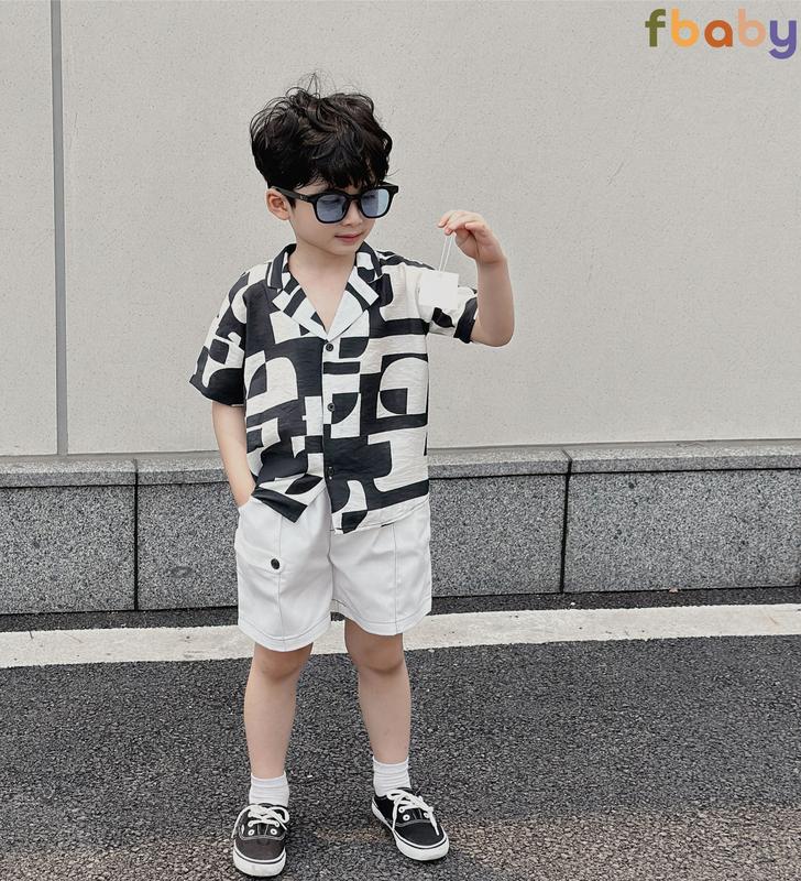 Set bộ sơ mi cộc tay bé trai áo đũi họa tiết công tử cổ vest quần kaki Fbaby FB0124