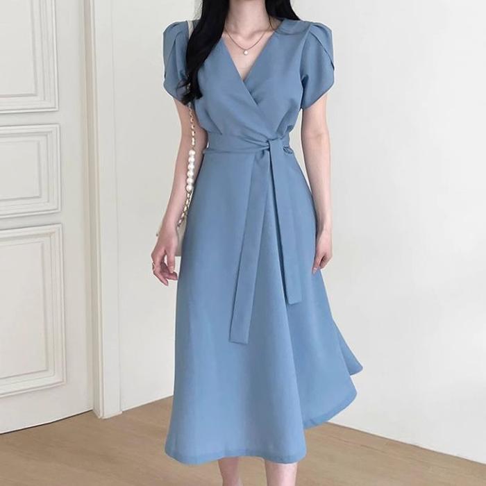 Promo 25019 baju midi dress biru muda polos wanita kekinian jumbo korean  style bigsize dress press body terbaru lebaran 2025 gaun kondangan mewah 