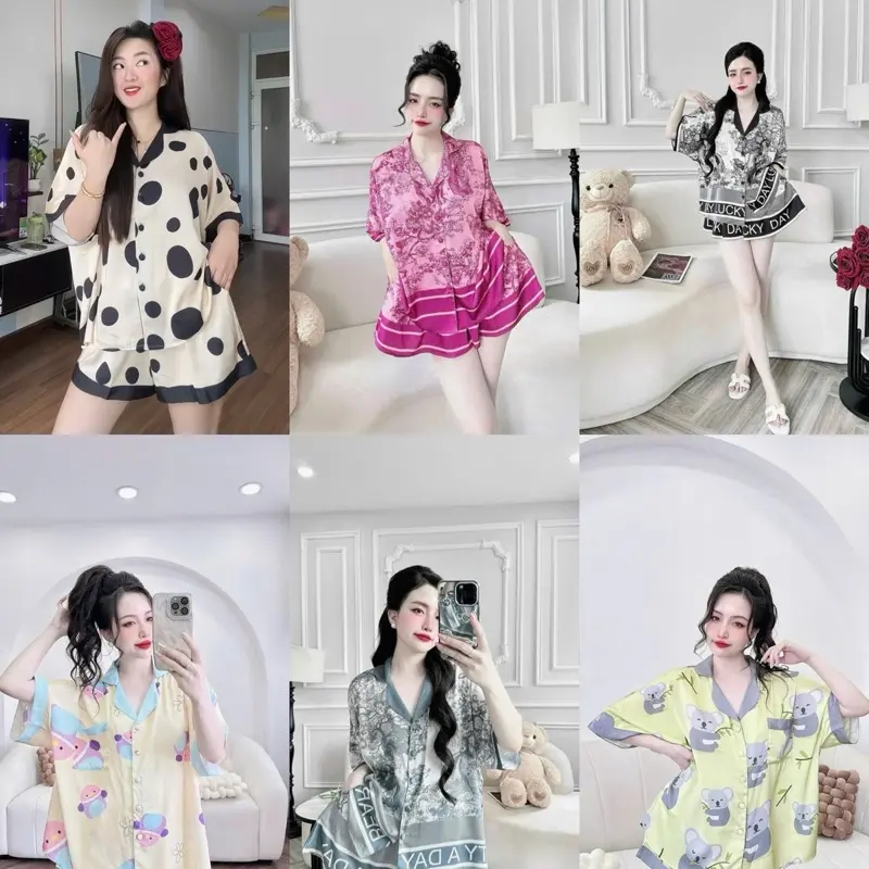 Đồ bộ pijama cho nữ lụa latin cúc bọc, hoạ tiết rừng sang, quần đùi ống rộng xoè có túi Women Ong Quần Ngủ